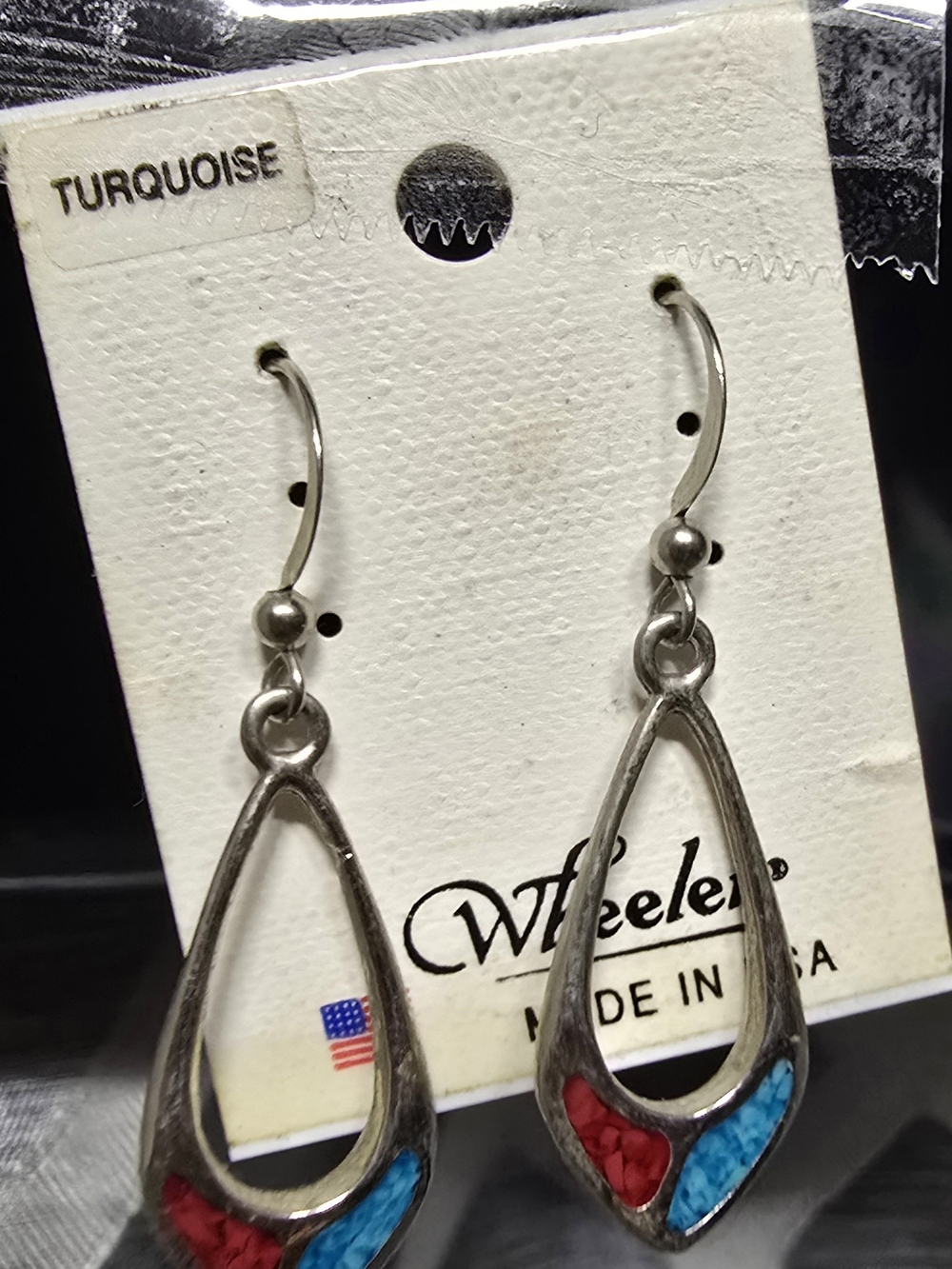 Teardrop Dangle Earrings with Turquoise and Coral Inlay - Silver Tone